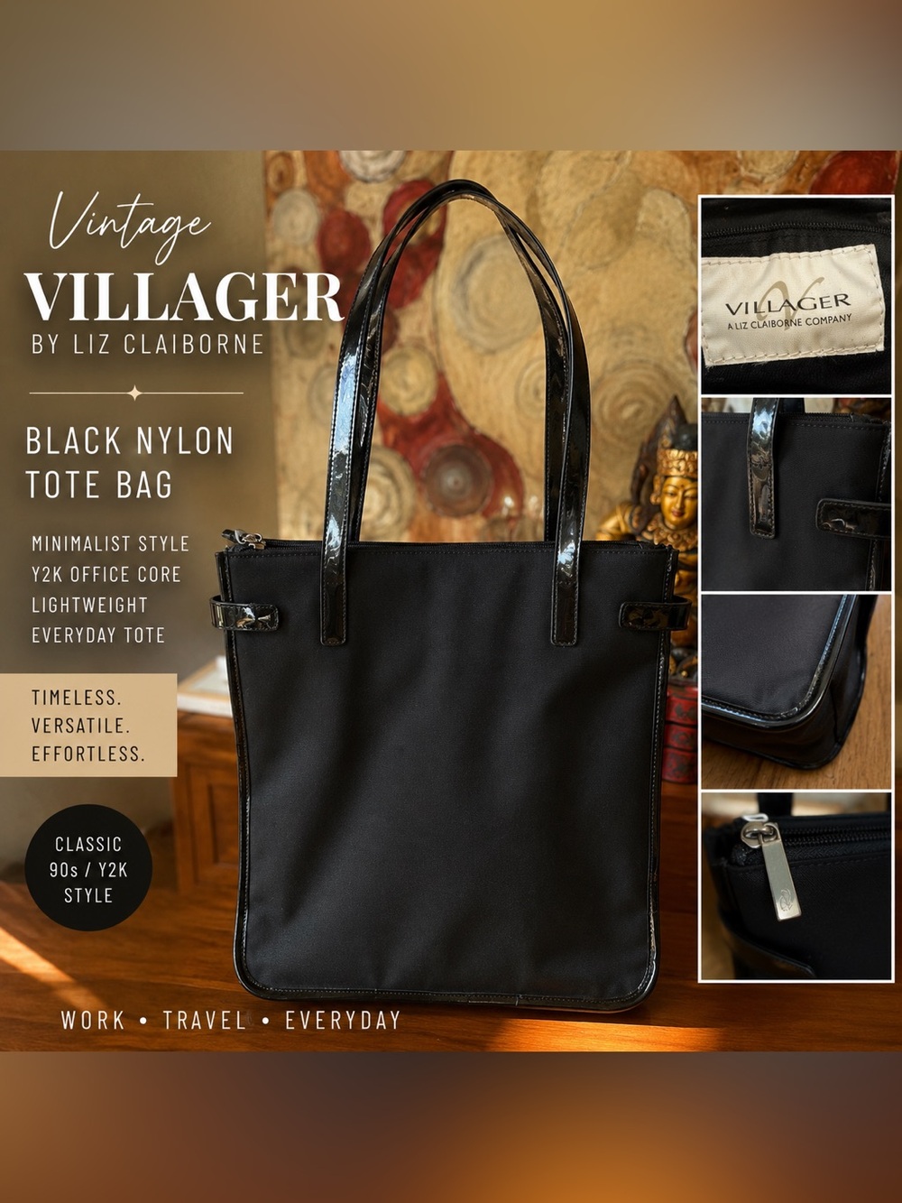 Vintage Villager Liz Claiborne Black Nylon Tote Bag Minimalist Y2K Patent Trim